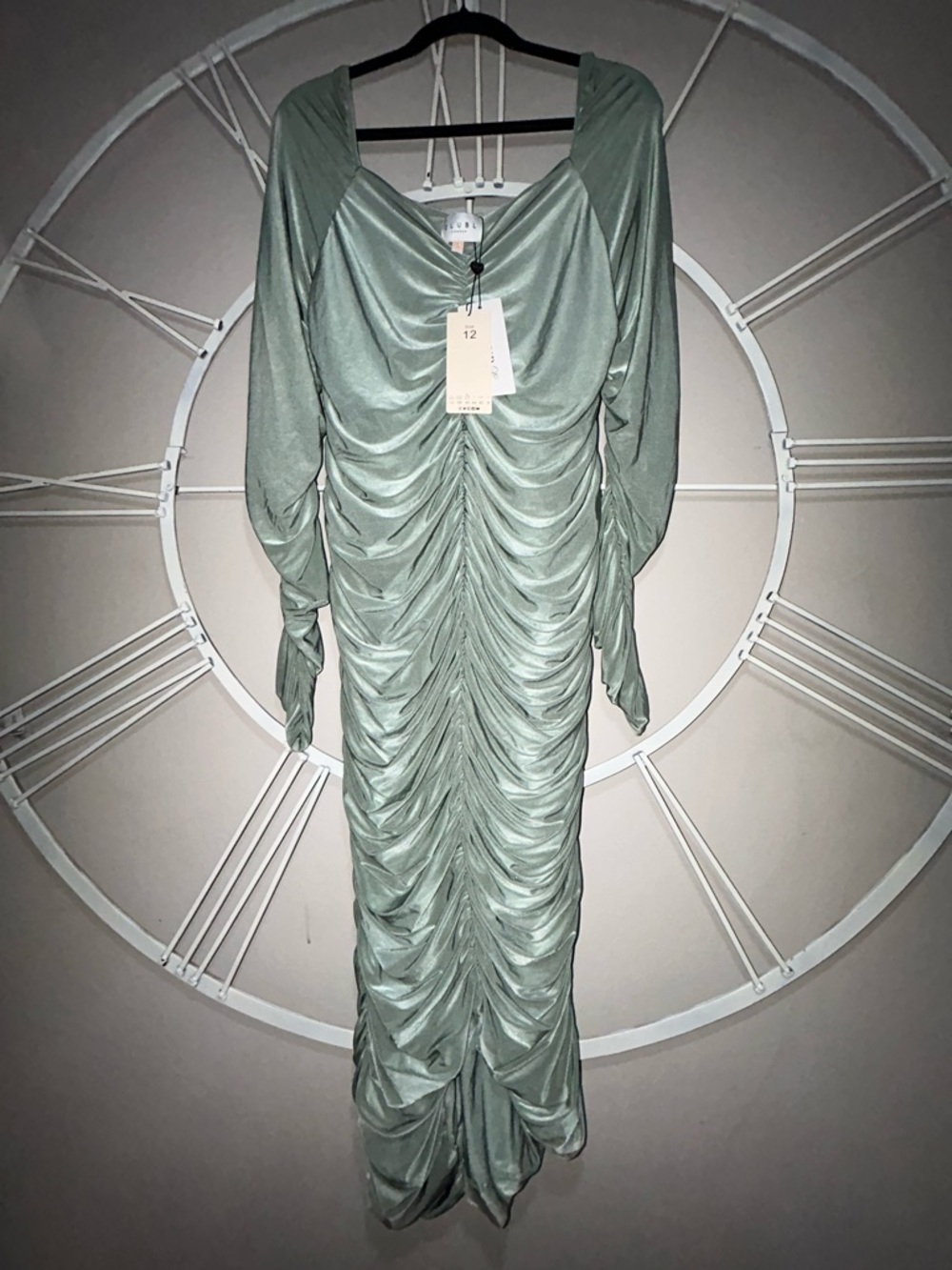 Club L London Sage Green Long Sleeve Ruched Midi Dress